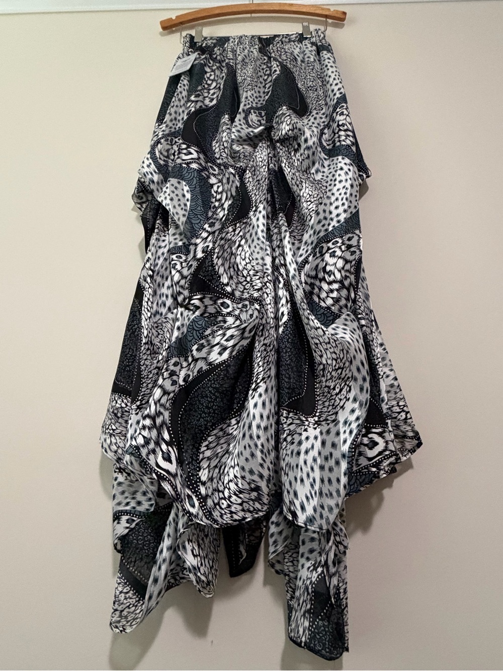 Boho Flowy Teal Black & White Abstract Handkerchief Maxi Skirt - Picture 13 of 15